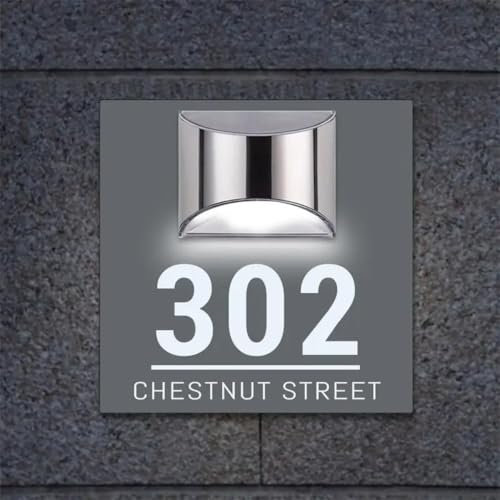 Panneau d'adresse solaire personnalisé avec lumière LED, plaque de numéro de maison personnalisée, panneau d'adresse moderne pour l'extérieur, plaque de porte éclairée (gris foncé et blanc)