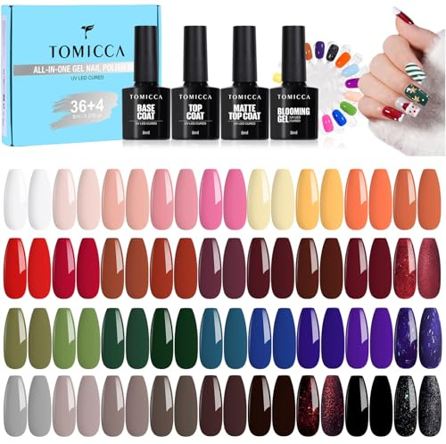 TOMICCA 42 st UV-nagellack höst/vinterfärgsset, 36 färger röd brun svart blå gel nagellack & 4 st baslackset med blommande gel och 2 x rund nagelskärm, för nagelstudio och gör-det-själv-hem
