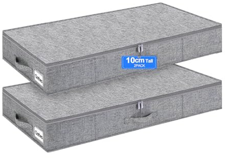 Huquter 10 cm Tall Slim Under Bed & Sofa Storage Box with Zipped Lid, Low Profile Fabric Organiser with Rigid Sides and Base for Clothes, Duvets and Bedding, 2 Pack, Grey