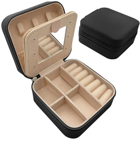 igadgitz Home U7285 Mini Joyero Portátil de Viaje con Espejo - Organizador Pequeño para Joyas, Caja con Espejo - Negro