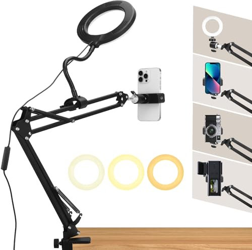 Overhead Mount with Ring Light, Adjustable Phone Arm Stand for Camera, Desktop Holder for YouTube Live Stream Painting Nail