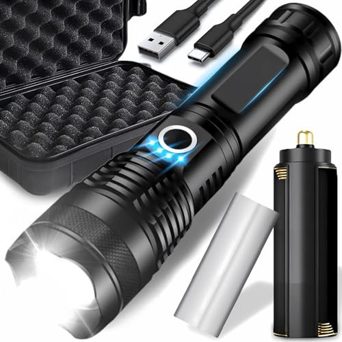 Retoo Torcia a LED estremamente luminosa, 5000 lumen, zoomabile, con 5 modalità, torcia tattica, portata 1500 m, ricaricabile, USB C, alimentata a batteria/batteria, impermeabile, per attività
