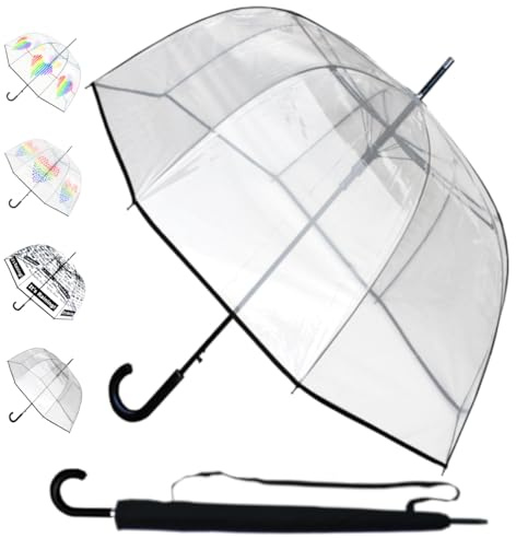 Windproof Strong Dome Umbrella Women - Large Automatic Clear Umbrella - StormDefender See Through Dome Canopy - Best for Visibility - Designer Fiberglass - Clear with Black Trim