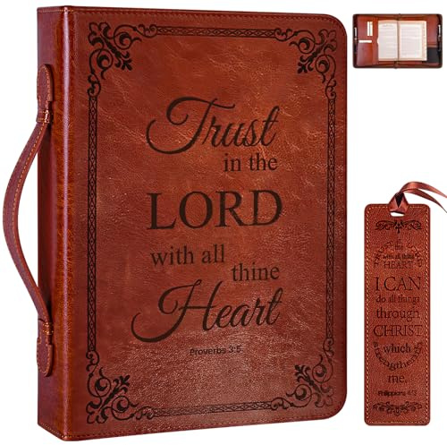 HelvioraX Extra Large Bible Cover Case for Men Women, Mens Bible Covers Cases Leather Bible Cover Carrying Case for Women Men with Handle Zippered Bible Book Cover Holder Bag Case (Brown, XL)