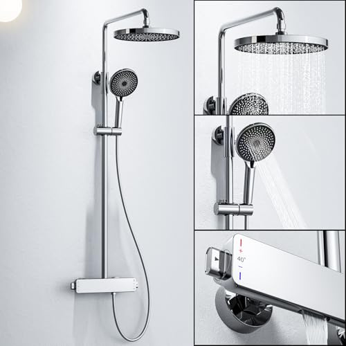 Columna de Ducha Termostatica, Columna Ducha con Grifo Bañera Set Conjunto de Ducha 3 Funciones Duchas de Baño Columna con Grifo, Alcachofa de Ducha, Cabezal Ducha 3 Modos (Chrome)
