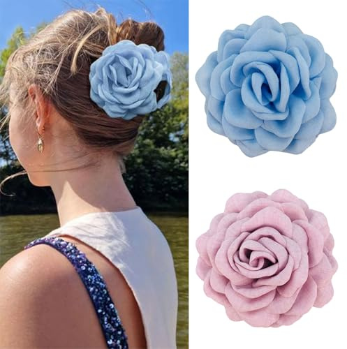 Mezrkuwr 2 Stück Rosenblüten-Krallenklammern für Frauen, 2 Stück, große hawaiianische Rosen Haarklammern, blumen haarklammer, florale Haarklammern, Kühles Rosa+Helles Blau