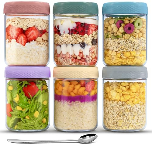 6-Pack 480ml Glass Breakfast Jars with Airtight Leakproof Lids & 6 Stainless Steel Spoons – BPA-Free Mason Jars for Overnight Oats, Yogurt, Smoothies, Porridge & Healthy On-the-Go Snacks
