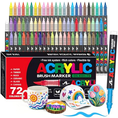 Melifluo Pennarelli Acrilici a Punta a Pennello, Set 72 Marker Acrilici Impermeabili a Base d'Acqua per Sassi Vetro Ceramica Legno e Tessuto, Colori Acrilici Asciugatura Rapida per Adulti e Fai-da-Te