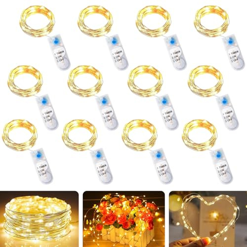 12 Stück LED Batterie Lichterketten mit Timer, 2M 20er LEDs Batterie Kupfer Drahtlichterkette, Wasserdicht String Fairy Light Kupfer Drahtlichterkette für Party, Christmas Dekor, Flasche DIY, Warmweiß