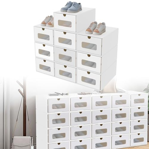 XINZI 20er Boxen-Set mit Transparentes Sichtfenster,Schuhboxen Stapelbar,Aufbewahrungsbox Schubladen aus Kraftpapie,Schuhkarton Ordnungsboxen für Zubehör & Accessoires, Weiß