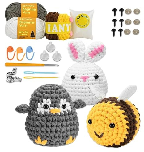 BeoTnp Crochet Kit for Beginners, Complete Crochet Starter Kit, DIY Amigurumi Animal Making Set Includes Bee Rabbit Penguin Patterns, Beginner Crochet Kits with All Tools