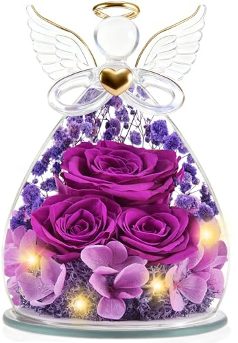 YiHuaHua Ewige Blume Engel Figur Geschenk für Frauen, Valentinstag für Sie, Muttertag, Mama Ehefrau Geburtstag, Geschenk Valentinstag Ewige Blume mit LED-Beleuchtung (Lila)