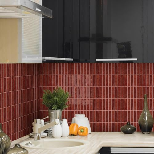 Alwayspon 20×25cm/7,9×10Zoll×10Stk Rote Marmor-Stil 3D Vinyl Spritzschutz Fliesen, selbstklebende Peel and Stick Wandfliesen Aufkleber Klebefliesen für Küchen- und Badezimmerdekor