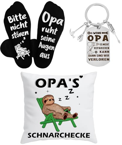 Zidoley Geschenk für Opa, Opa Geschenk Geburtstag mit Kissenhülle Faultier Motiv, Lustige Socken & Schlüsselanhänger, Geeignet für Weihnachten, Vatertag, Geburtstage