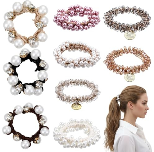 Nogeqi 9PCS Pearl Hair Scrunchies for Women, Elastic Beaded Hair Tie, Decorative Ponytail Holder for Women Girls Boho Bride Bachelorette Party Accessories