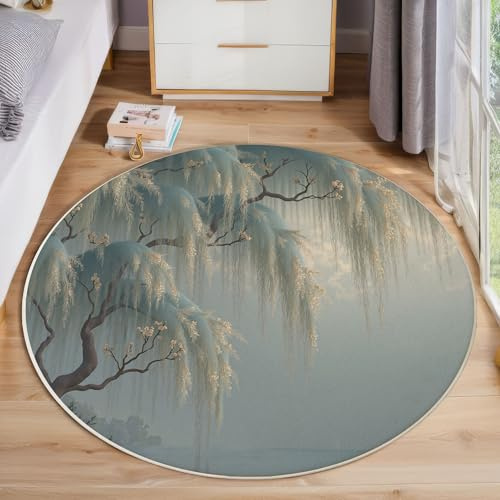 JEDTAKCT Grandi Tappeti Rotondo Tappeto Soggiorno In Salice In Stile Cinese 120 Cm, Tappeto Camera Da Letto In Paesaggio Lacustre Antiscivolo Sottile Lavabile Morbido Tappeti Da Bagno Grigio-Blu