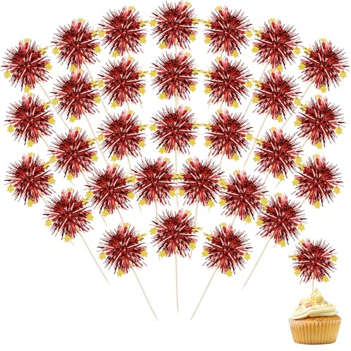 30 Pièces Feu D'artifice Cocktail Bâtons, Feux D'artifice Pour Cocktails, Firework Cupcake Toppers, Décoration Gâteau, Pour Cupcakes, Mariage, Birthday Decorations (Rouge)