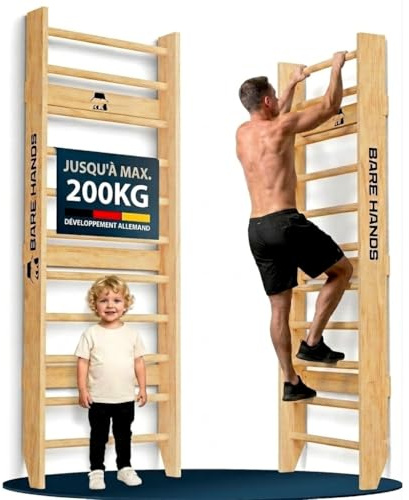 Bare Hands Espalier en Bois pour Adulte et Enfant – Échelle Suédoise/Swedish Ladder Ultra Robuste Jusqu’à 200 kg – Espalier Gym & Musculation pour la Maison – sans Barre de Traction ni Barres à Dips