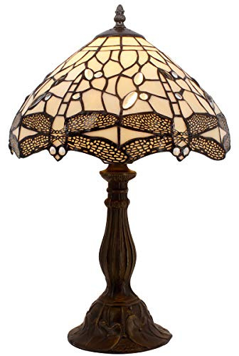 WERFACTORY Tiffany Lamp Cream Stained Glass Dragonfly Bedside Table Lamp Desk Reading Light 12X12X18 Inches Decor Bedroom Living Room Home Office S139 Series