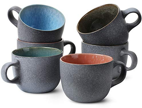 BTaT- Porcelain Coffee Mugs Set, 14 oz (415 ml), 6 Pack, Ceramic Coffee Mugs, Matte Black Outside and Colorful Inside, Restaurant Cups for Tea, Cappuccino, Cocoa, Cereal, Mug Gift Set, Dishwasher Safe
