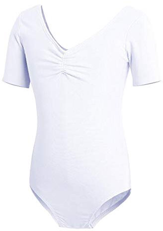 May Story Ballett Trikot Mädchen Kinder Langarm Kurzarm Bodys Leotard Sport Body Ballettanzug Trainingsanzug Bodysuit mit Druckknopf Gr. 98-164 (Weiß, 5XL Körpergröße 140-150cm)