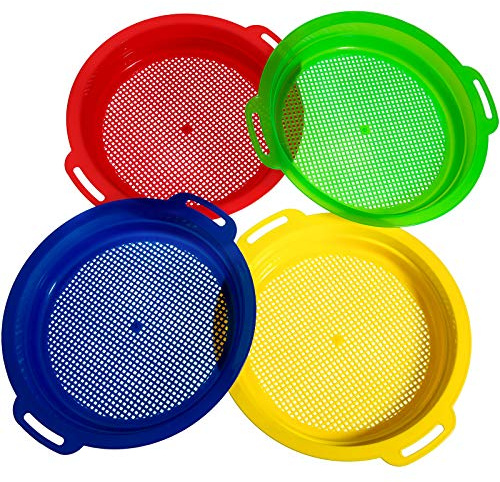 Skylety 4 Pcs Sand Sifter Sieves for Beach 9.75 x 8.75 Inch Plastic Sand Strainer Pan Toys Red Blue Yellow Green Present Set for Digging Picking Up Shells