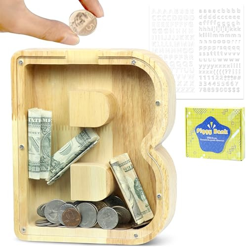 LEcylankEr Spardose Kinder Personalisierte Alphabet Sparbüchse (B) | Holz Spardose Dekoration Kreative Sparschwein als Geschenke für Geburtstag, Weihnachten und Thanksgiving