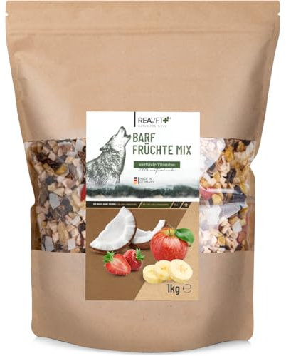 ReaVET Barf Früchtemix 1kg, Obstflocken Hunde Getreidefrei & Glutenfrei, Barf Zusatz Hund, Hundeflocken, Barf Hundefutter, Flockenfutter Hund
