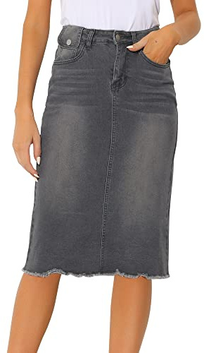 Allegra K Damen Hohe Taille Denim Rock Taschen Knielang Jeansrock Midirock Grau XL