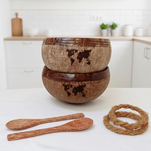 cocovibes Kokosnuss-Schalen 2er-Set – Müslischalen Bowls Holzlöffel | Nachhaltige Smoothie- & Müslischalen mit Anti-Kipp-Ring & Holzlöffel – aus echter Kokosnuss, Buddha Bowls (ONE-WORLD)
