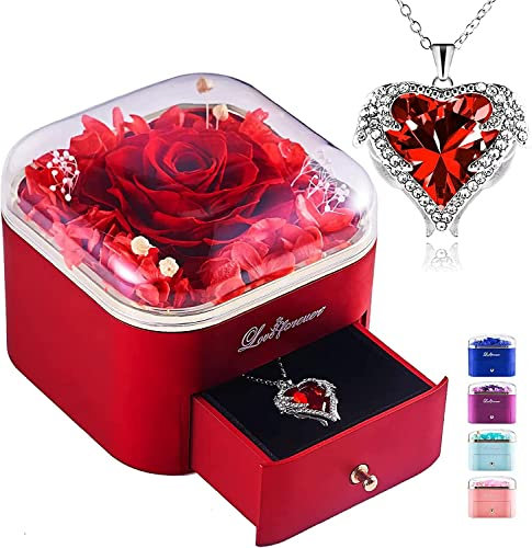 Echte Ewige Rose mit Halskette, Geburtstagsgeschenk für Frauen, Konservierte Blumen Rosen Box Schmuck Geschenkbox, Muttertag Valentinstag Hochzeitstag Geschenk für Mama Freundin Ehefrau Oma