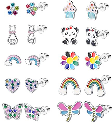 LOLIAS 10 Pares Lindos Pendientes con Rosca la Espalda para Mujeres y Niñas Acero Inoxidable Multicolor Corazón Flor Mariposa Arco Iris CZ Pendientes Hipoalergénicos Rosca la Espalda