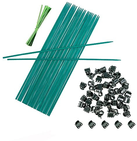 38cm Garden Stakes Bamboo Sticks for Plants, 25pcs Garden Canes Plant Support Sticks With 50pcs Clip and Twist Ties, 15 inch Plant Stakes Plant Canes for Pea, Bean, Tomato, Sunflower, ect