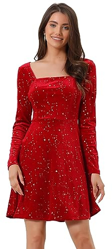 Allegra K Disfraz de Navidad Vestido Mini Estrellas Terciopelo Cuello Cuadrado Vintage para Mujer Navidad Día De Los Reyes Magos Vino Rojo L