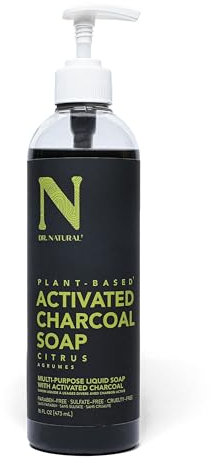 Dr. Natural Activated Charcoal Liquid Soap - Combat Acne and Blemishes - Deep Cleansing Body Wash - Gentle Body Soap for Clear Skin - Citrus - 473 ml