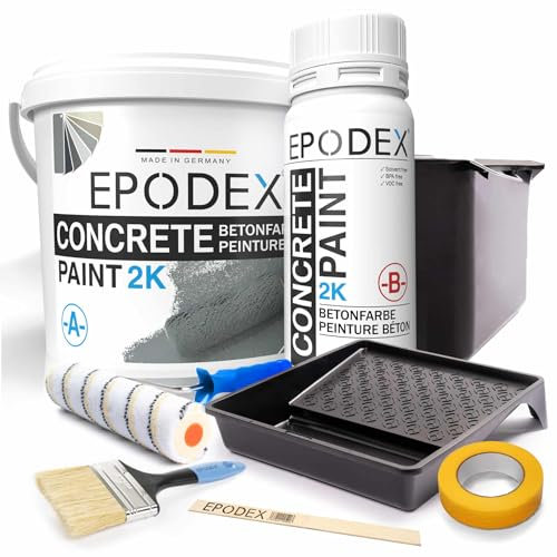 EPODEX 2K Betonfarbe, Bodenfarbe mit Zubehör für Garagenbodenbeschichtung, Epoxidharz Bodenbeschichtung, hochdeckend, wasserfest, Keller, Garage, Werkstatt, 3.6kg - 14m² für 2 Anstriche