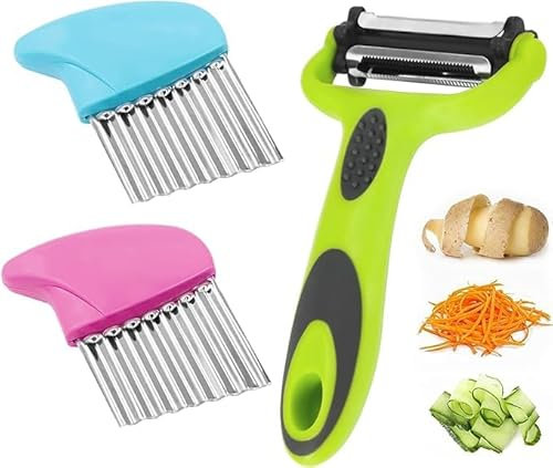 Txeouse Pommes Wellenschneider und Schäler,2 Stück Kartoffelschneider+1 Stück Multifunktionsschäler, Wellenschneider Kinder Gemüsehobel Küchengerät Schneidewerkzeug für Kartoffeln und Zwiebeln