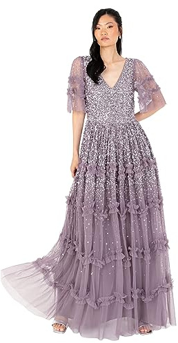 Maya Deluxe Vestido Maxi para Mujer – Cuello En V – Detalle Plisado para Boda – Dama de Honor de Baile, Lila Cambiante, 46