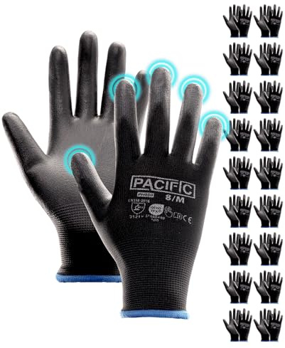 PACIFIC 18 Paires Gants de Travail pour Homme et Femme – Revêtement PU Anti-Dérapant, Légers et Respirants avec Bonne Prise, Idéaux pour Travaux Généraux, Jardinage, Noir, Taille 8/M