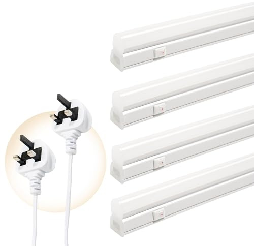 Qsmile LED Batten Light 4ft with UK Plug & On/Off Switch, 4 Packs 18W 4000K Linkable Workshop Lighting, T5 Wall and Ceiling Lighting, Connect Up to 6 Units LED Tube Lights for Garage Office Shop