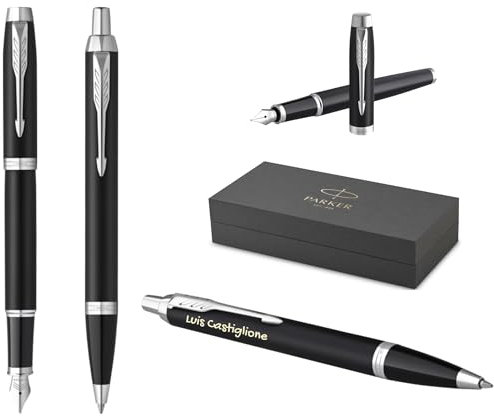PARKER IM Core Füllfederhalter und Kugelschreiber mit Gravur | Premium Stift | Geschenkbox | schwarze Mine | personalisiertes Geschenk | Namen | graviert | Geburtstag (Matte Black C.C.)