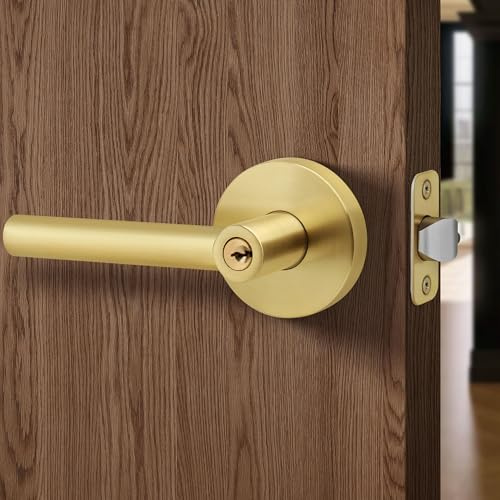 LOQRON Entry Door Handle with Lock and Keys, Round Design Heavy Duty Door Lever with Satin Brass Finish, Reversible for Left/Right Handed for Entrance and Front Door