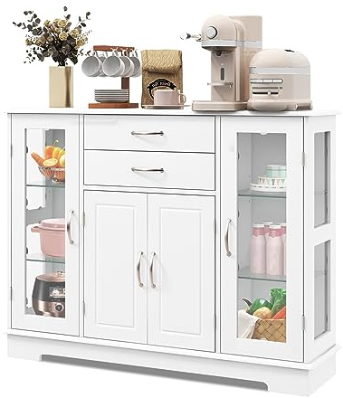 KOMFOTTEU Aparador de Madera con Puertas y Estantes Ajuetables | Armario Buffet Multiuso, Mueble Auxiliar de Almacenaje para Comedor, Salón, Baño, 107 x 30 x 81 cm