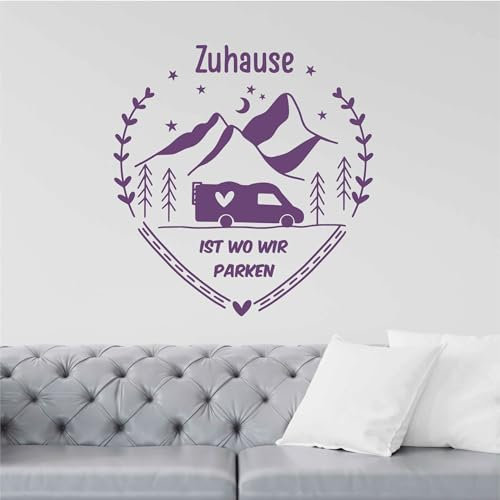 Indigos UG - Wandtattoo Wohnzimmer - Wandaufkleber Camping - Zuhause ist wo wir parken - Violett 76x80cm - Aufkleber Kinderzimmer Schlafzimmer Küche Badezimmer Büro Dekoration