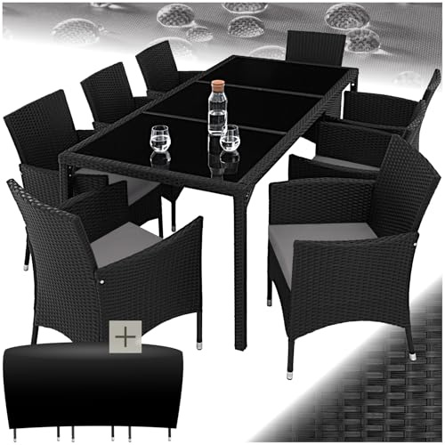 tectake® edles Outdoor Gartenmöbel Set Rattan Sitzgruppe mit Sessel und Tisch für 8 Personen, inkl. Schutzhülle und Polstern, Balkon Möbel wetterfest - schwarz/grau