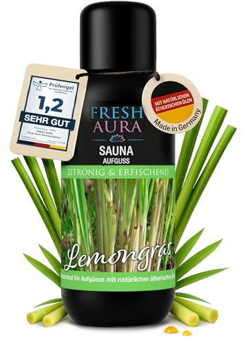 FRESH AURA Saunaaufguss – Sauna Aufgussmittel mit Lemongras und natürlichen ätherischen Ölen – Sehr ergiebiger und langanhaltender Saunaduft – zitronig und erfrischend | Made in Germany (100ml)