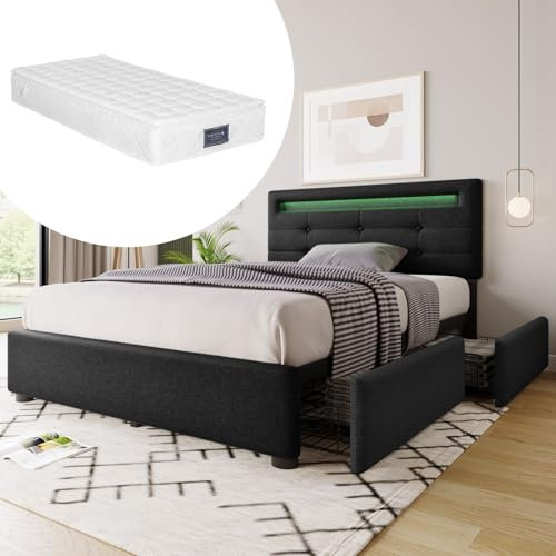 Skcess Bettgestell Mit Led-Beleuchtung Und 2 Schubladen, Inklusive Matratze, Einzelbett Polsterbett 90X200Cm, Höhenverstellbarem Kopfteil, Schwarz