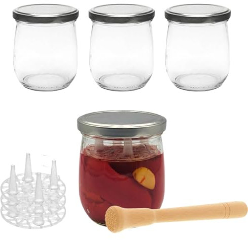 mikken Fermentieren Starter Set 4 Fermentiergläser a 415 ml/Deckel PVC frei, 4 Fermentiergitter, 1 Stampfer, 4 Etiketten