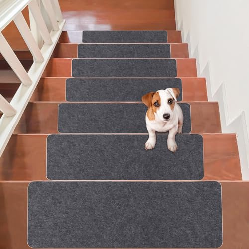 14Pcs Stair Treads Carpet Non Slip, 55 * 20CM Self-Adhesive Floor Stair Carpets Treads, Solid Wood Stairs Non Skid Safety Rug Slip Resistant Indoor Runner for Kids Elders and Pets(Dark Gray)