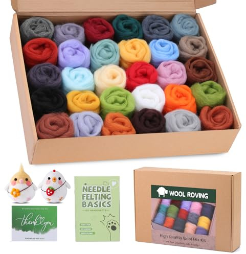 Reovin 30 Farben Filzwolle, Nadelfilz Starterset mit Anleitung, Dankeskarte | 300 g Filzwolle Trockenfilzen Starterset Nadelfilz Set mit Anleitung, Dankeskarte für Anfänger, 10 g pro Farbe